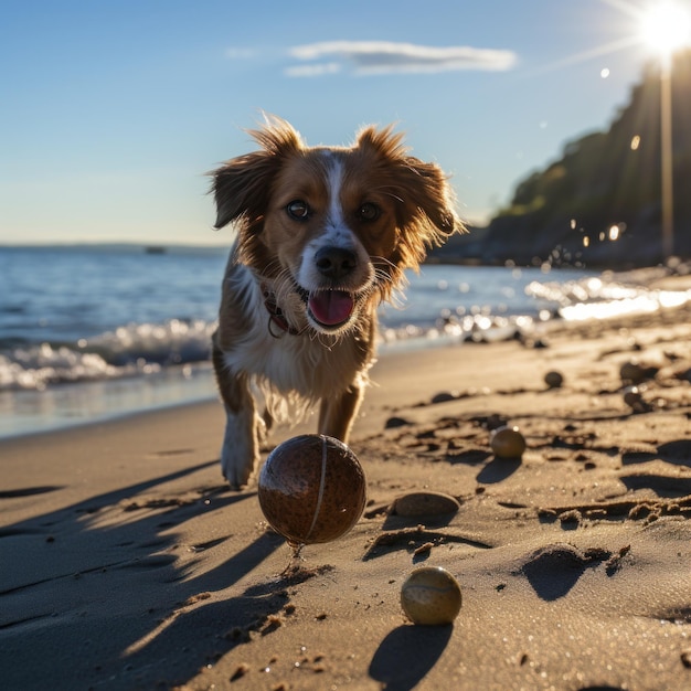 Playful shadow of dog chasing ball on sunny beach