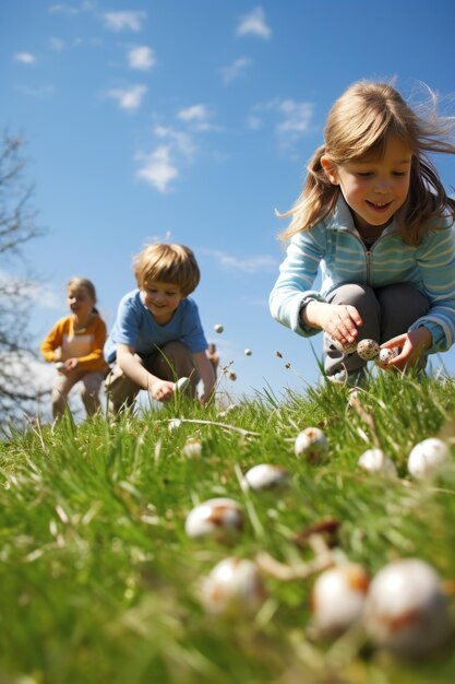 Foto una ripresa giocosa di bambini a caccia di uova di pasqua in un campo erboso con uno sfondo di alberi