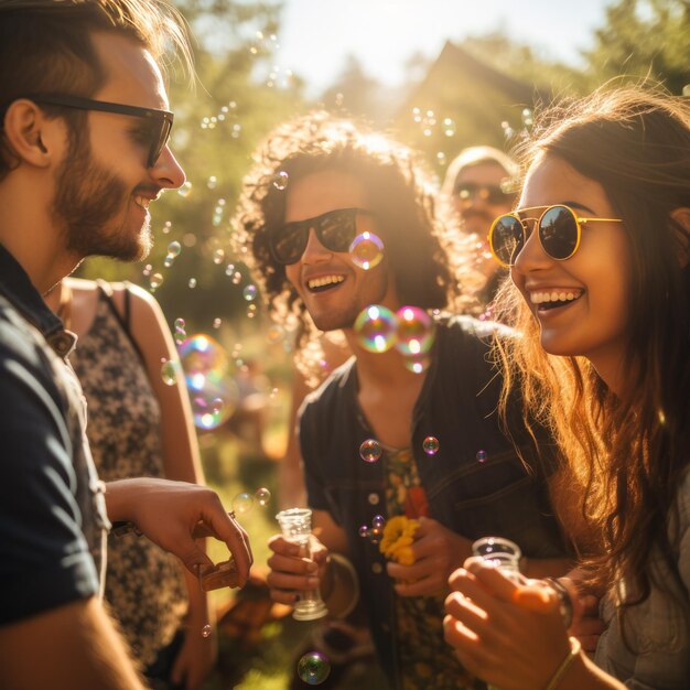 Photo a playful shot of friends blowing bubbles and enjoying the sunshine at a spring outdoor gathering