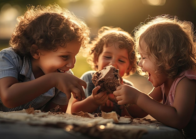 Photo a playful shot of kids enjoying ice cream sandwiches outdoors