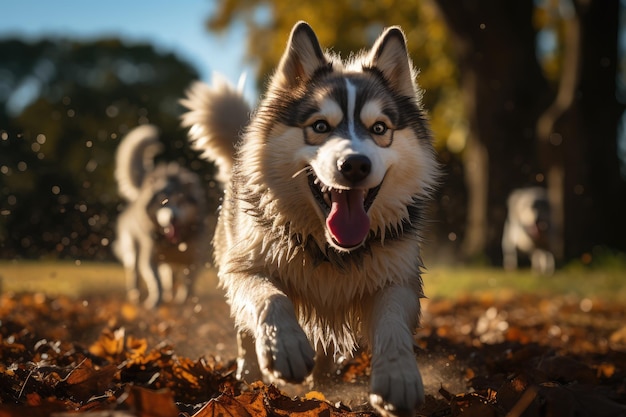 A playful Siberian Husky running in a game of fetch with its delighted owner ai generated