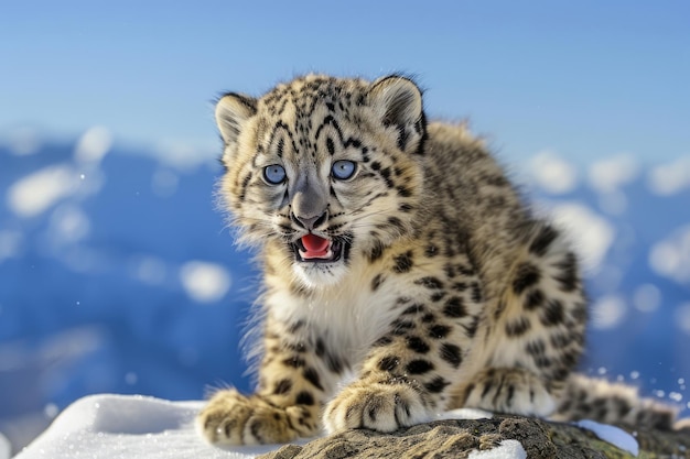 Foto un giocoso cucciolo di leopardo delle nevi con un sorriso cattivo e grandi occhi blu