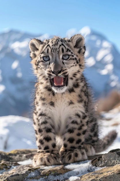 A playful snow leopard cub with a mischievous grin and big blue eyes