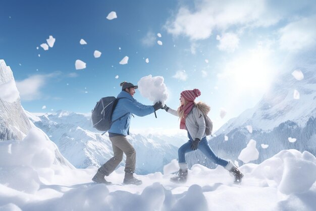 Playful snowball fight between a couple in a snowy 00503 01