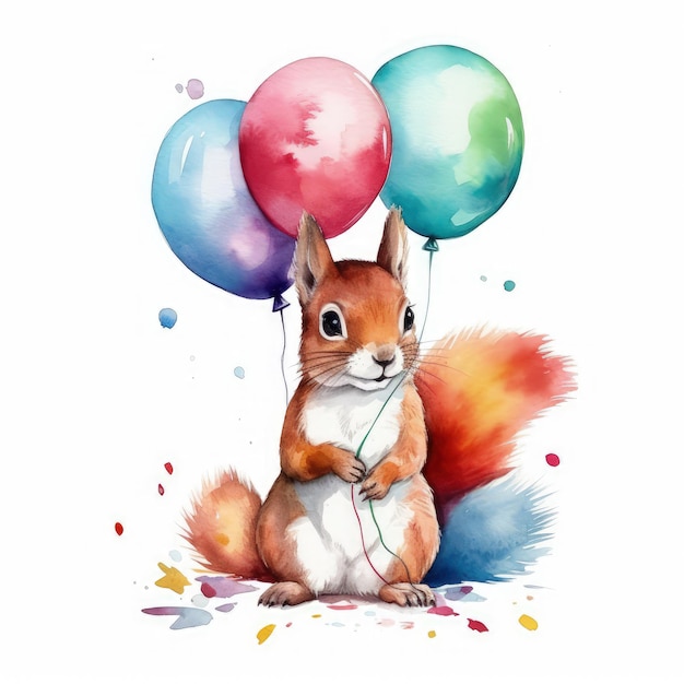 Playful Squirrel with Colorful Balloons in Teen Outfit on Clean White Background