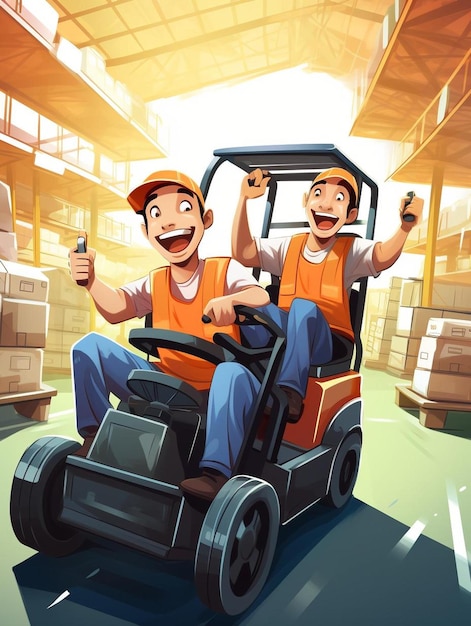 playful storage workers racing with forklifts and having fun at work