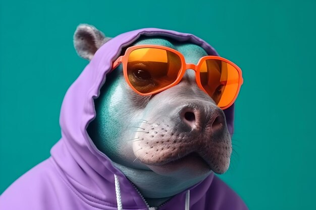 A playful stylish hippopotamus in a hoodie and sunglasses looks at the camera The concept of fashion style and unexpected fun is minimal Generative AI