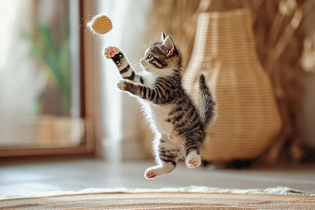 Фото Игривый полосатый котенок прыгает, чтобы поймать разноцветные игрушечные шарики