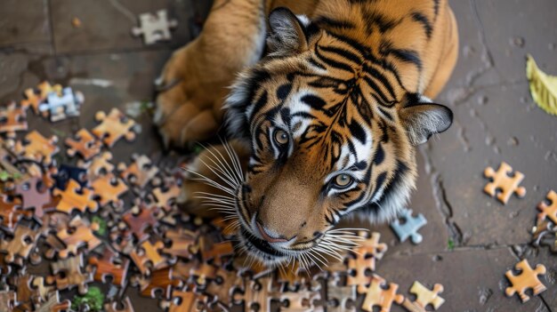 Photo playful tiger enjoying a challenging jigsaw adventure