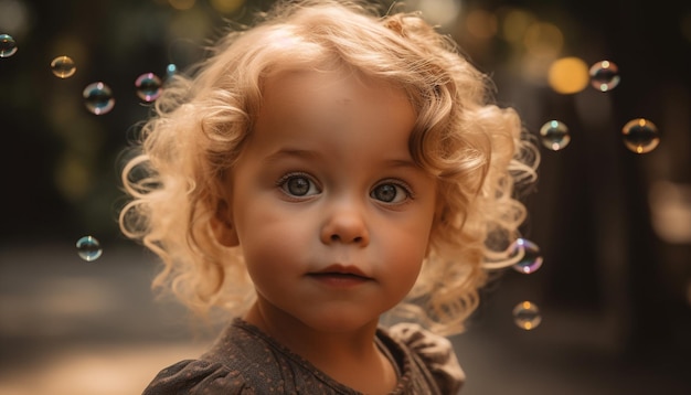 Playful toddler blowing bubbles enjoying carefree childhood generated by artificial intelligence