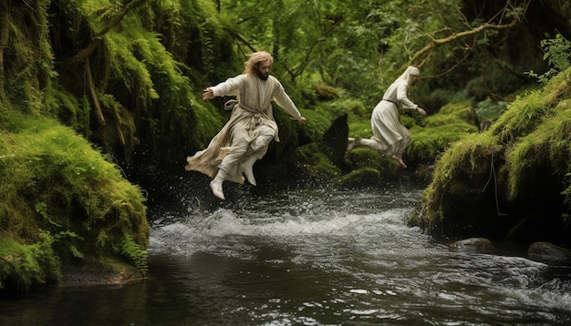 the playful tradition of jumping over streams or small rivers during Sizdah Bedar