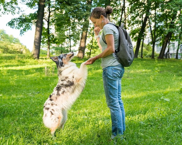 Cane di razza mista addestrato allegro che dà la zampa a una donna di mezza età felice durante la passeggiata nel parco