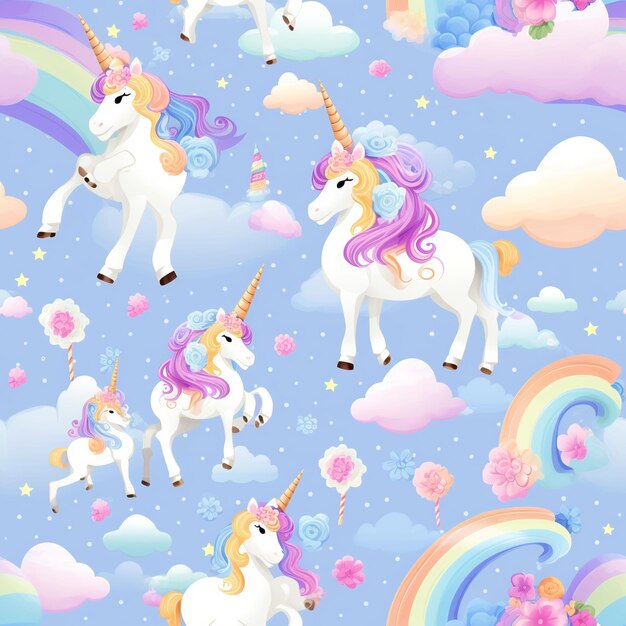Unicorni giocosi tra fiori nuvole arcobaleni e gelati su sfondo pastello