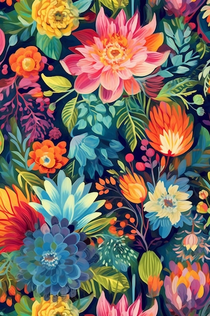 色とりどりの抽象的な花のパターンを繰り返す遊び心のある壁紙