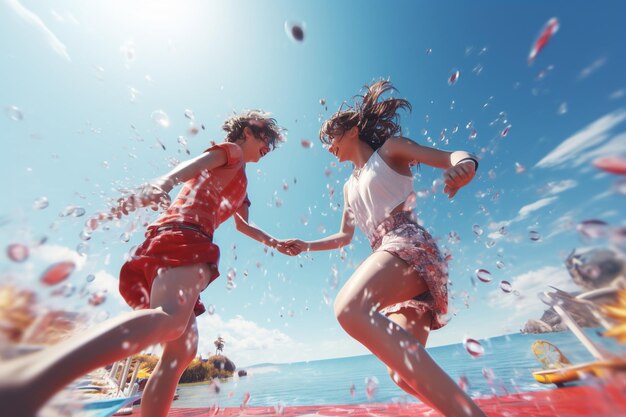 Playful water fight between a couple in swimsuits 00510 03