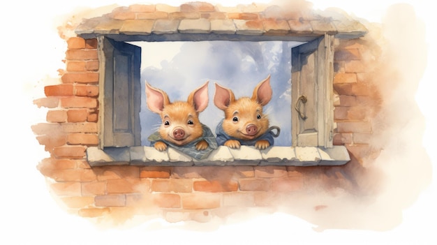 사진 벽돌 집 에 있는 두 마리 의 돼지 들 의 장난스러운 수채화 일러스트레이션