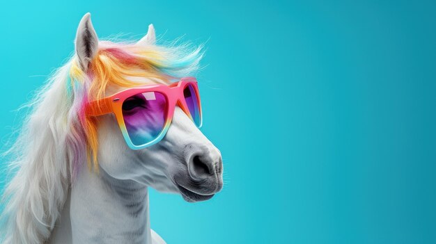 Playful White Horse Wearing Rainbow Glasses on Blue Background AI Generated