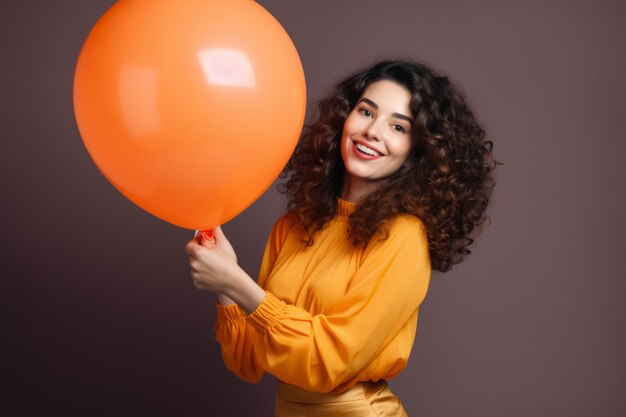 Playful Woman Posing with a Balloon Animal on a Studio Background