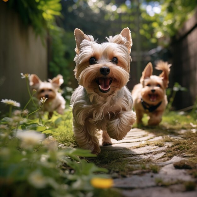 Photo playful yorkshire terrier dogs running and playing in a green garden for social media post size