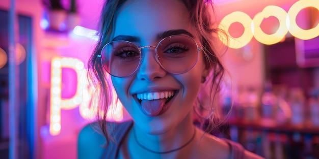 Photo playful young woman having fun with neon lights background in trendy urban setting