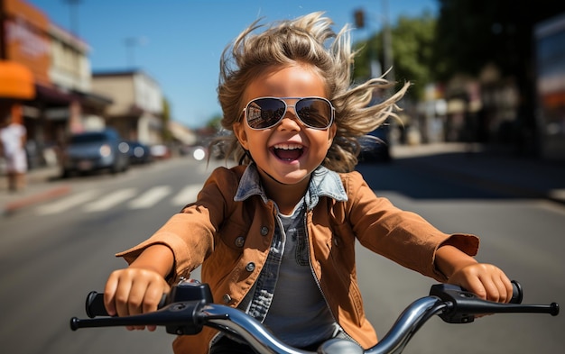 Photo playful young woman riding bicycle while sporting sunglasses