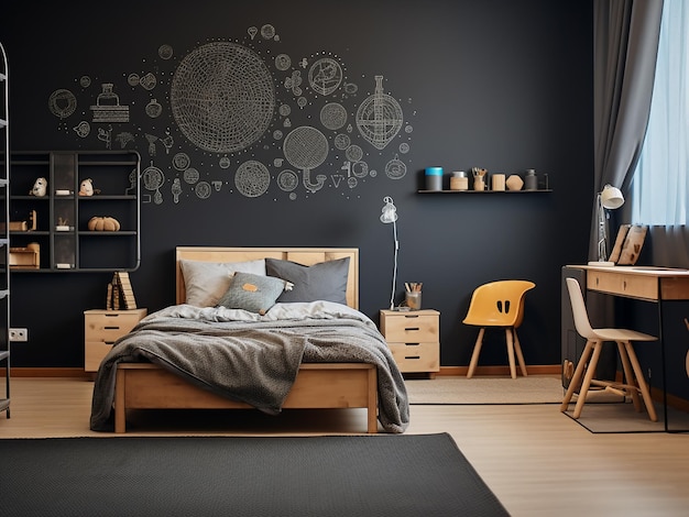 Playfully designed kid's room incorporating black furniture AI Generation