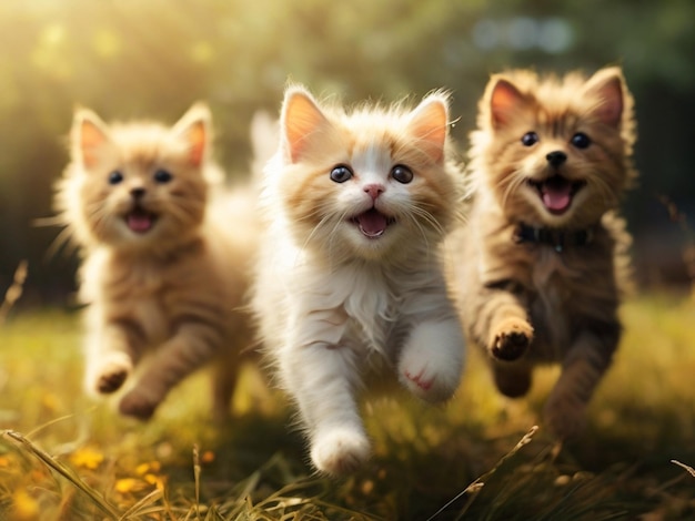 A playfully frolicking group cats of adorable pets