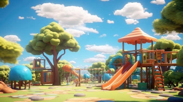 a playground scene with swings slides and a colorful jungle gym