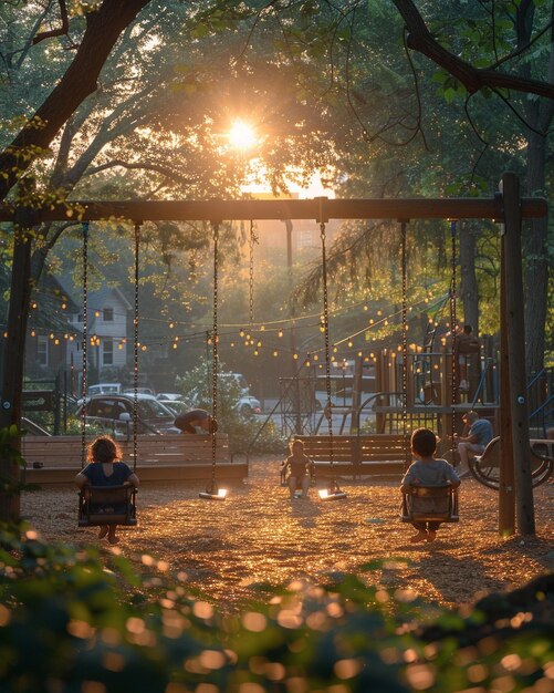 A Playground With Children Playing Swings Background