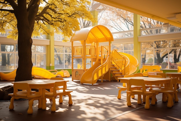 Photo playground with slide in kindergarden school