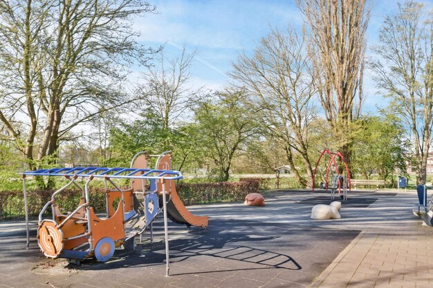 A playground with a swing set and other play equipment