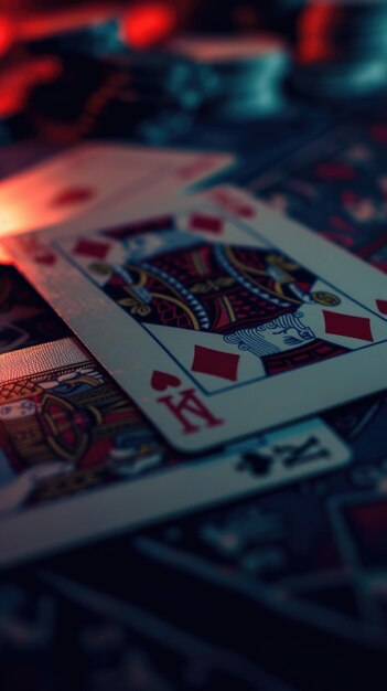 Playing cards are sitting on a table with a candle