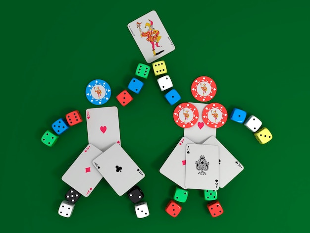 Playing cards, chips and dice in the form of human figures. 3d illustration