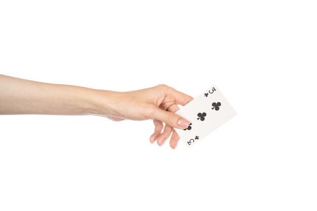 Photo playing cards in hand isolated on white background