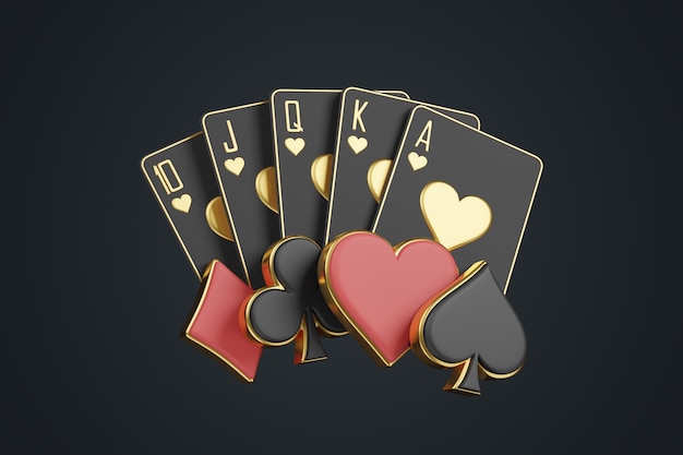 Playing cards with aces cards symbols on a black background Spade heart club and diamond icon 3D