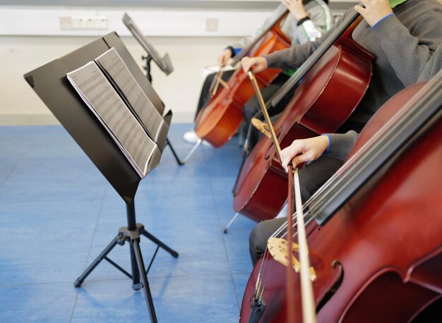 Photo playing cellos together