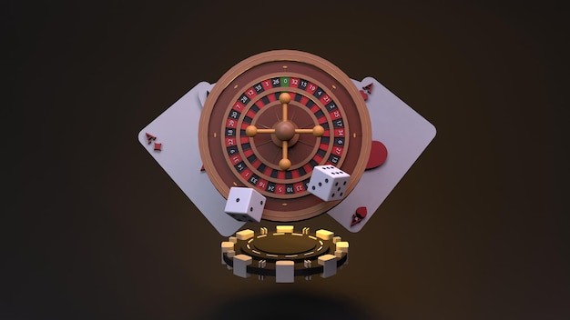 Playing chip roulette and playing cards dices Casino element 3d render illustration