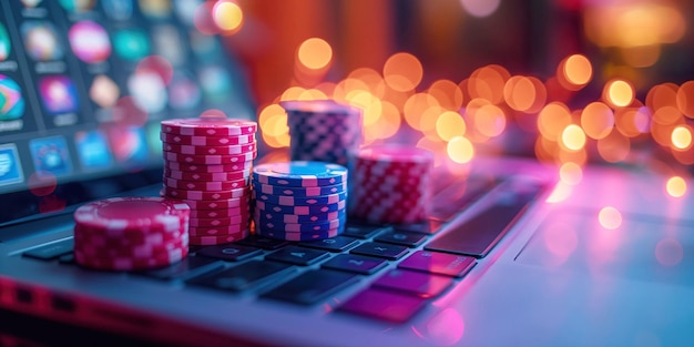 Foto giocare a chip sulla tastiera del portatile scommetto online e vincite di poker nel casinò online