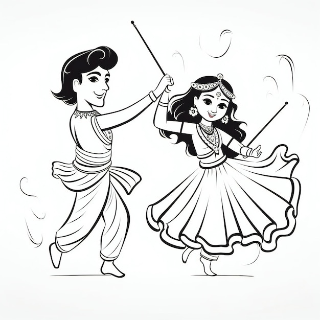 Photo playing dandiya dance lineart on white background