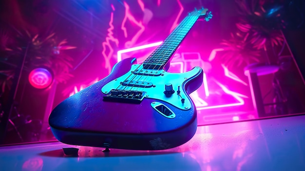 Photo playing the guitar or bass synthwave 80s ai generate
