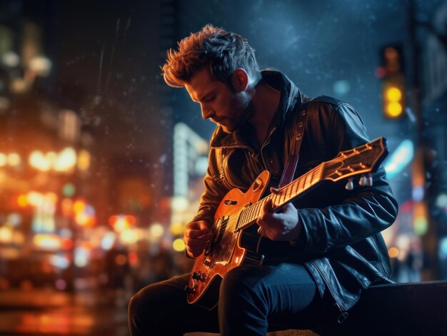 Photo playing the guitar on the night streets of the city