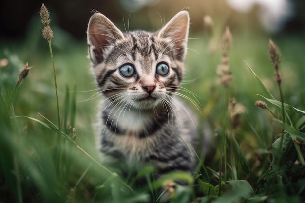 Playing on the lawn with a cute tiny cat