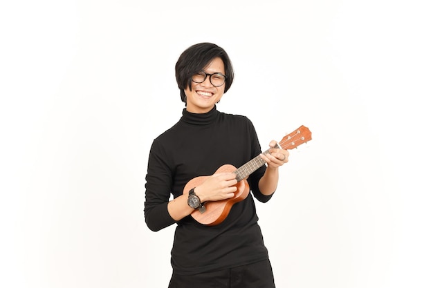 Playing Ukulele Of Handsome Asian Man Isolated On White Background