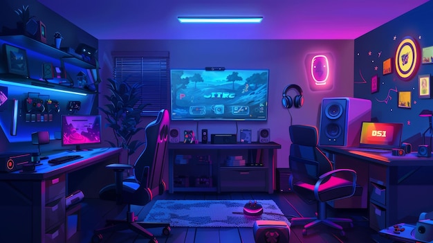 Photo playing video games and streaming at night in a cartoon dark house with a big tv a console with a gamepad and a neon joystick sign inside