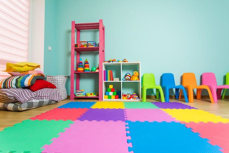 Photo the playroom with colorful furniture children's toys are beautifully arranged in closets and colored carpet on the floor