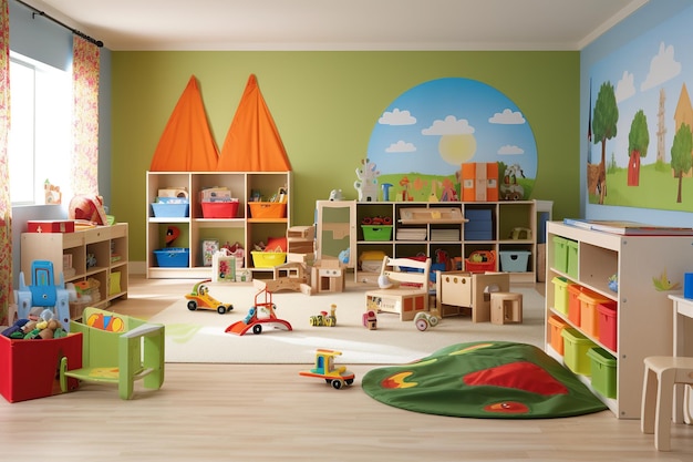 A playroom with a green wall with a mural of trees and a tree with a sun on it.