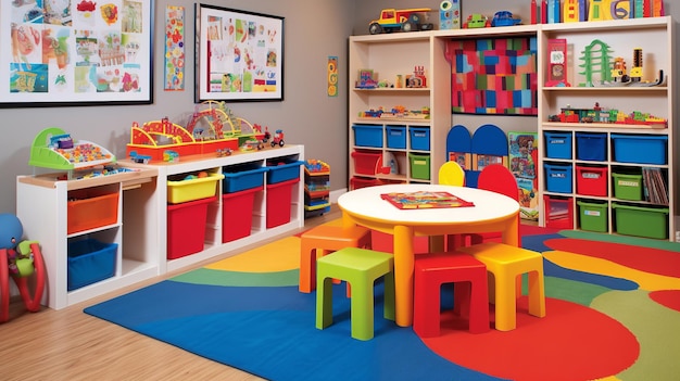 A playroom with a table and chairs