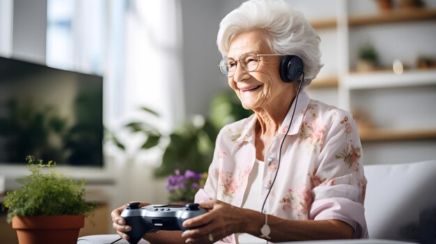 즐거운 시간을 보내는 노인 여성은 편안하게 비디오 게임을 즐깁니다.