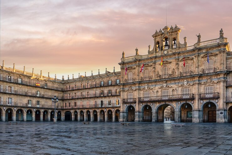 Plaza Mayor hoofdplein bij zonsopgang in Salamanca Stadhuis Catilla y Leon Spanje Reisconcept