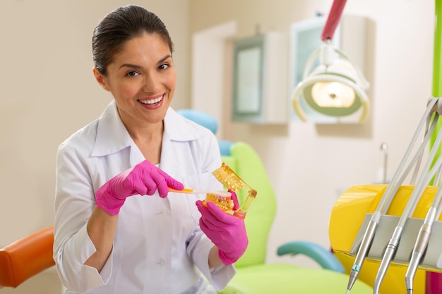 Pleasant darkhaired dentist smiling while holding a toothbrush